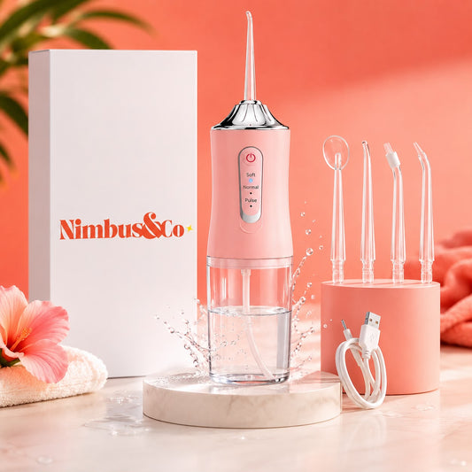Pink dental water flosser with attachments and charging cable on a peach background, featuring the Nimbus&Co brand.